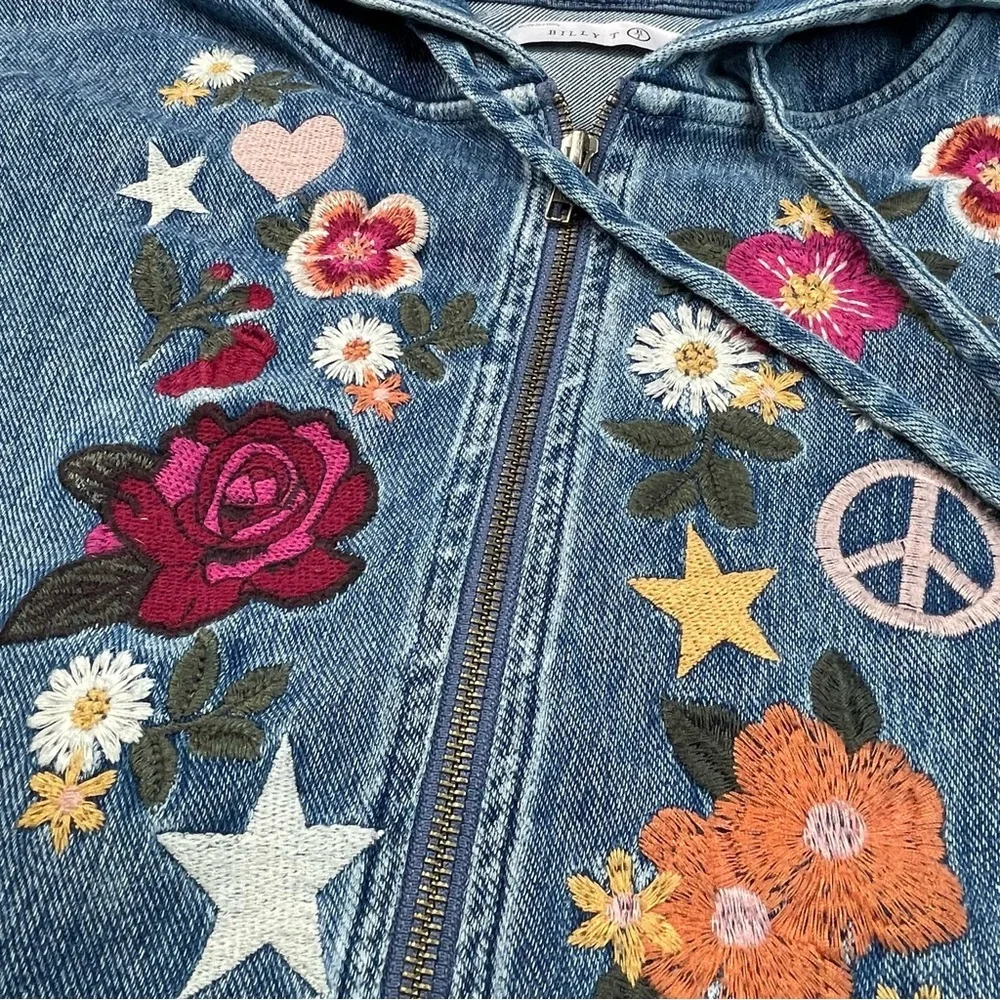 Billy T Camp Happy Hoodie Embroidered Peace Sign Floral Flowers Denim XL - Picture 7 of 13